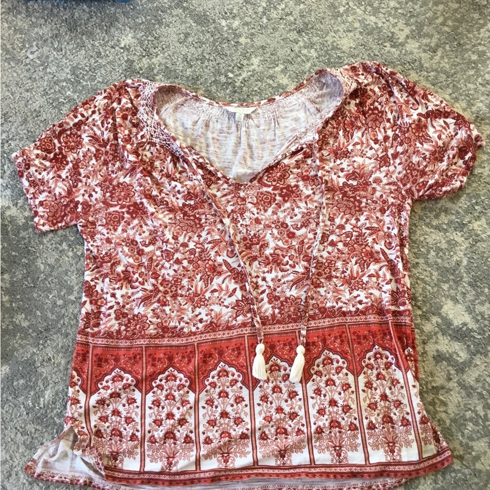Lucky Brand Blouse Women's Short Sleeve Boho Top Red Floral Tassels Size M